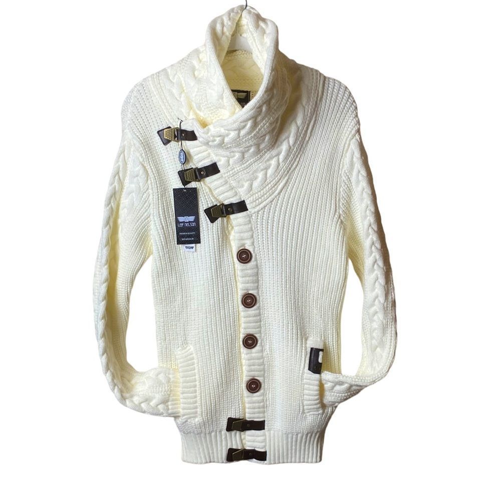 Leif Nelson Men’s Sz Med Beige Snap Buckle Button Chunky Knit Cardigan Sweater